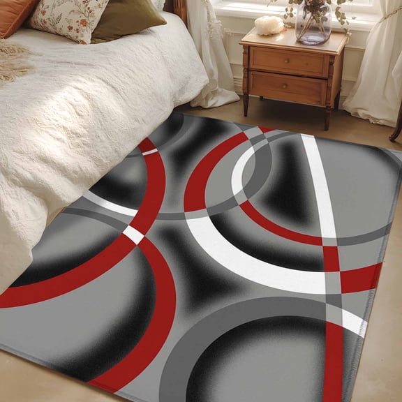 2.7x5 Area Rugs, Grey Geometric Non-Skid Rubber Backing Large Rectangle Rugs - Living Room Bedroom Home Office, Modern Abstract Black White Red Striped Indoor Floor Mat Carpets Washable Rug