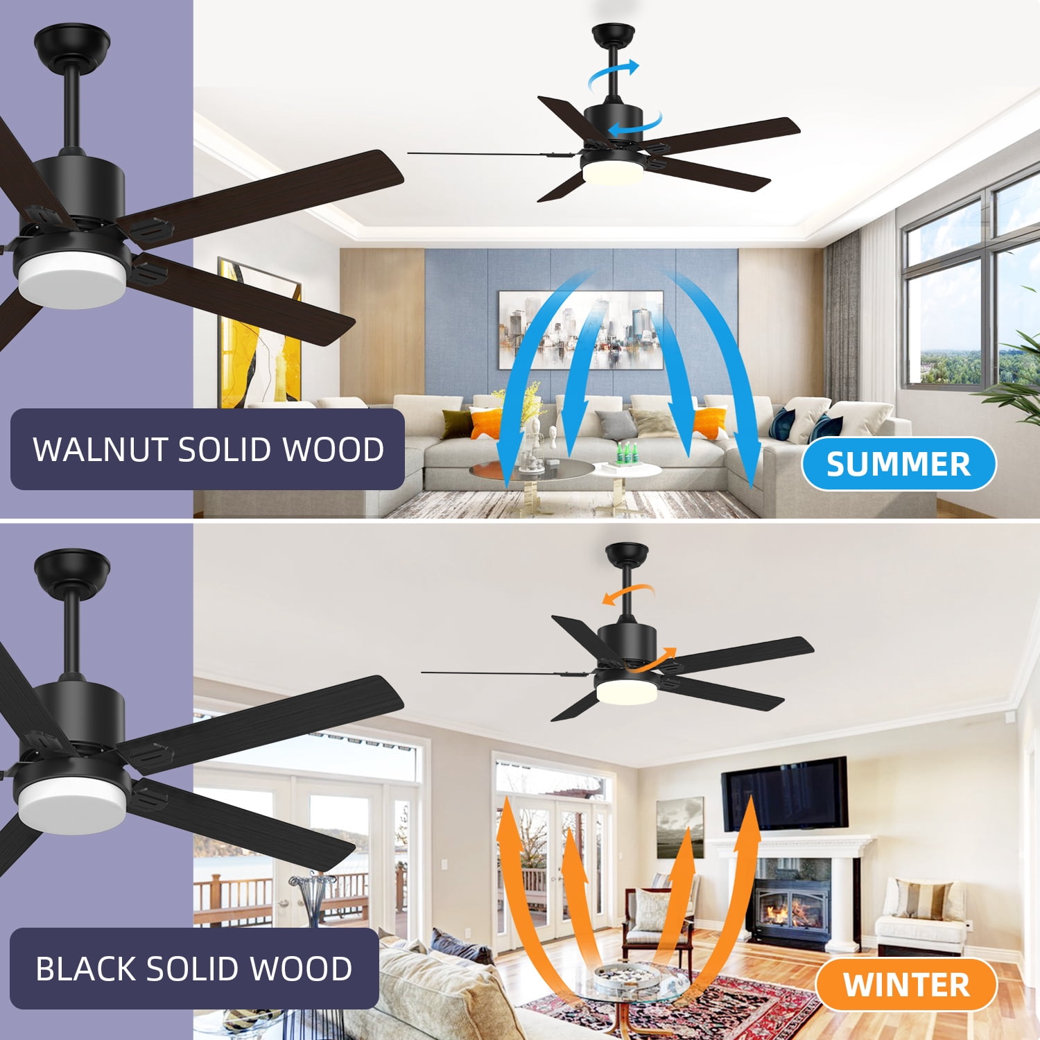 Xaujix Ceiling Fans with Lights and Remote Control, 60" Indoor Outdoor Ceiling Fan 6-Speed Silent Reversible Motor for Patio Farmhouse Bedroom Living Room, Walnut&Black
