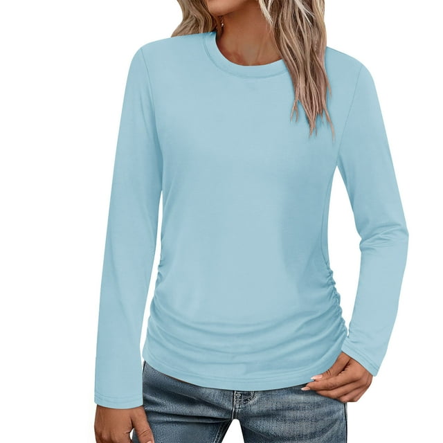 Lmnyox Casual Long Sleeve Shirt for Women Fashion Solid Crew Neck Ruched Tops Basic Loose Pullover Tee
