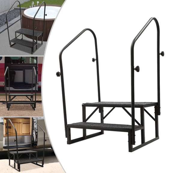 2 Steps Ladder with Handrail RV Steps with Handrail Free Standing/ Ground Fixing Stair For RV Exterior Steps Camper Steps