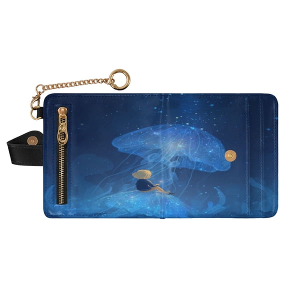 Small Wallet For Women Bifold Leather Pocket Coin Credit Card Holder With RFID Blocking under The Jellyfish