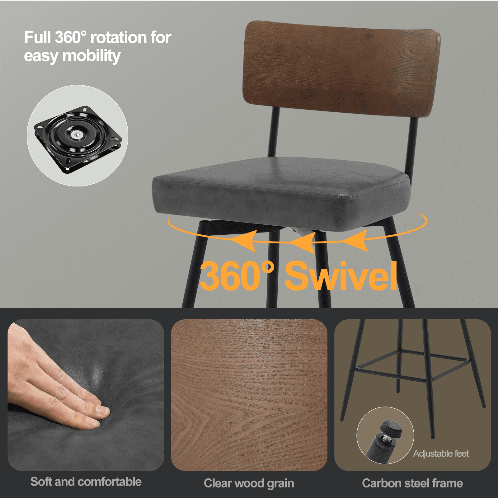 ANMINY Swivel Bar Stools Set of 4, 29" Seat Height, Upholstered Faux Leather Counter Barstools with Wood Backs and Metal Legs, Counter Height Bar Stool for Kitchen Island