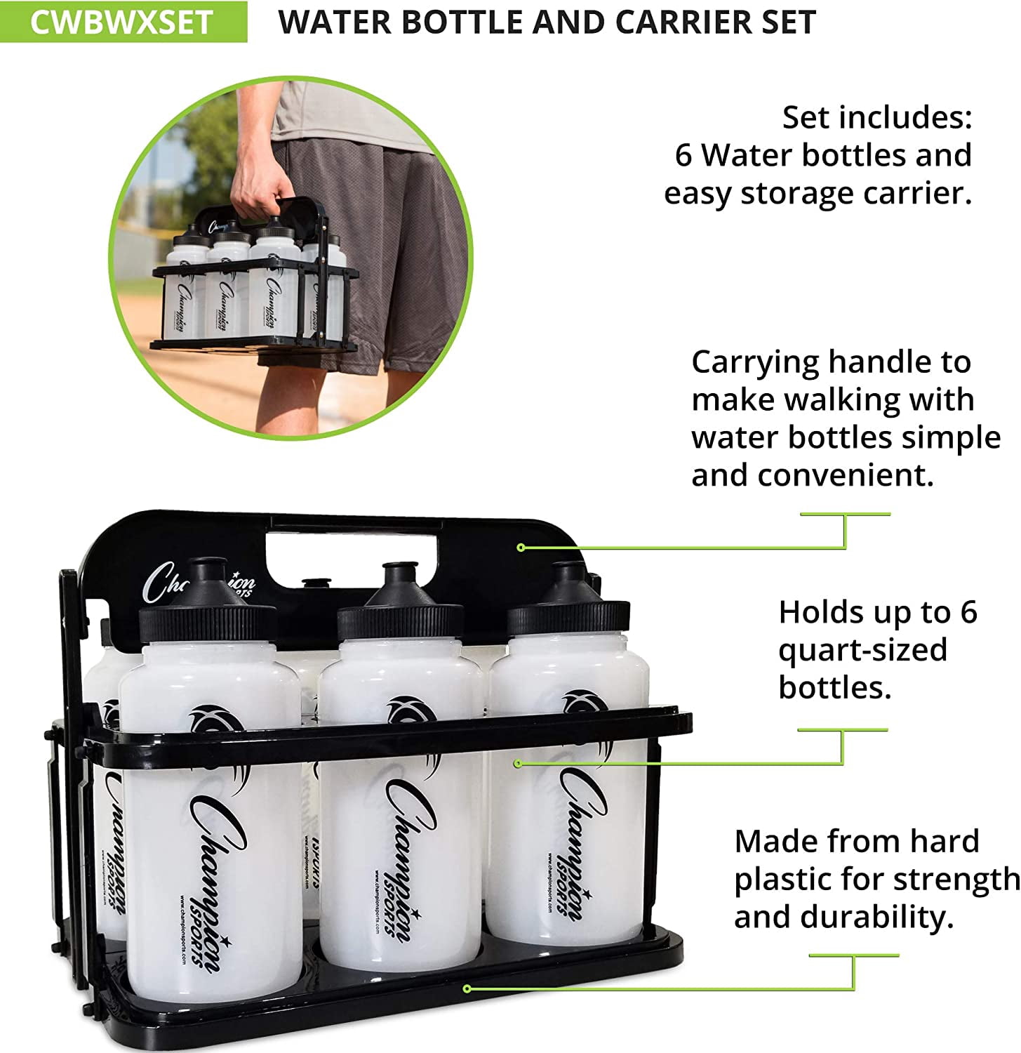 Champion Sports Plastic Water Bottle Set, Quart, Black