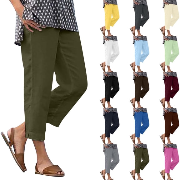 DYTTDG Women's Linen Blend Capri Pants | Elastic Waist Solid Color Straight Leg Casual Summer Trousers, Cropped Wide Leg Pants