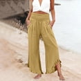 thumbnail image 7 of Women Linen Pants Summer Ruffle Wide Leg Palazzo Pants Dressy Smocked Waist Wide Leg Pant Boho Flowy Beach Pant Khaki L, 7 of 7