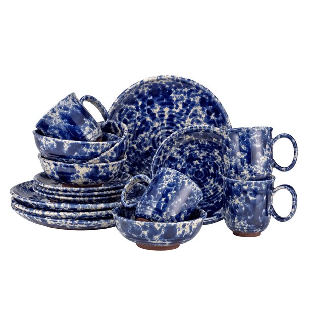 Over and Back 16 Piece Blue Splatter Stoneware Dinnerware Set