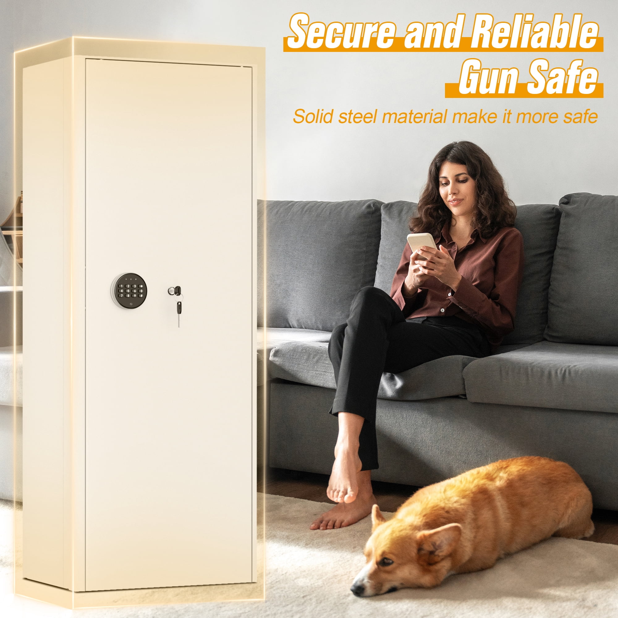 SUNCROWN 12-15 Gun Safe for Rifles and Pistols,Quick Access Rifle Gun Safe with Keyboard Lock, Gun Cabinets for Rifles and Shotguns with Pocket and Rifle Rack for Home（White）