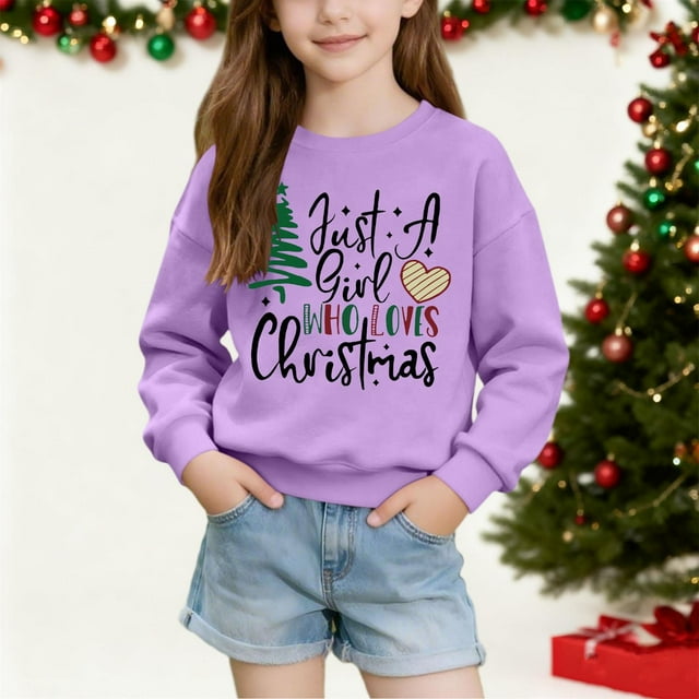 Cowsor Chandails en Molleton Filles Enfants Mignons Graphiques Col Rond Chandail Tops Manches Longues Chemises de Vacances