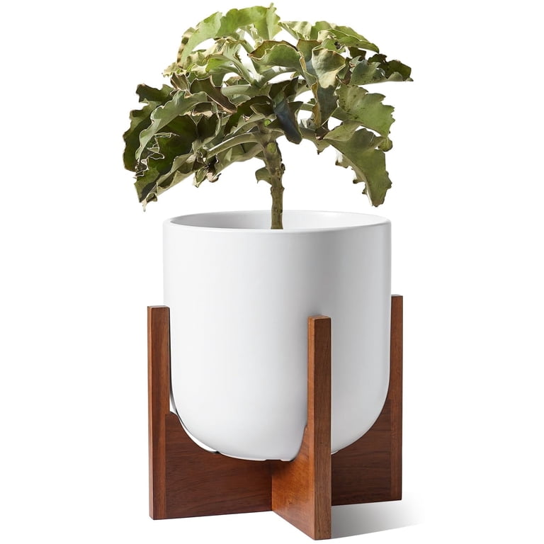 BEMAY 10" White Ceramic Plant Pot with Wood Stand photo 2