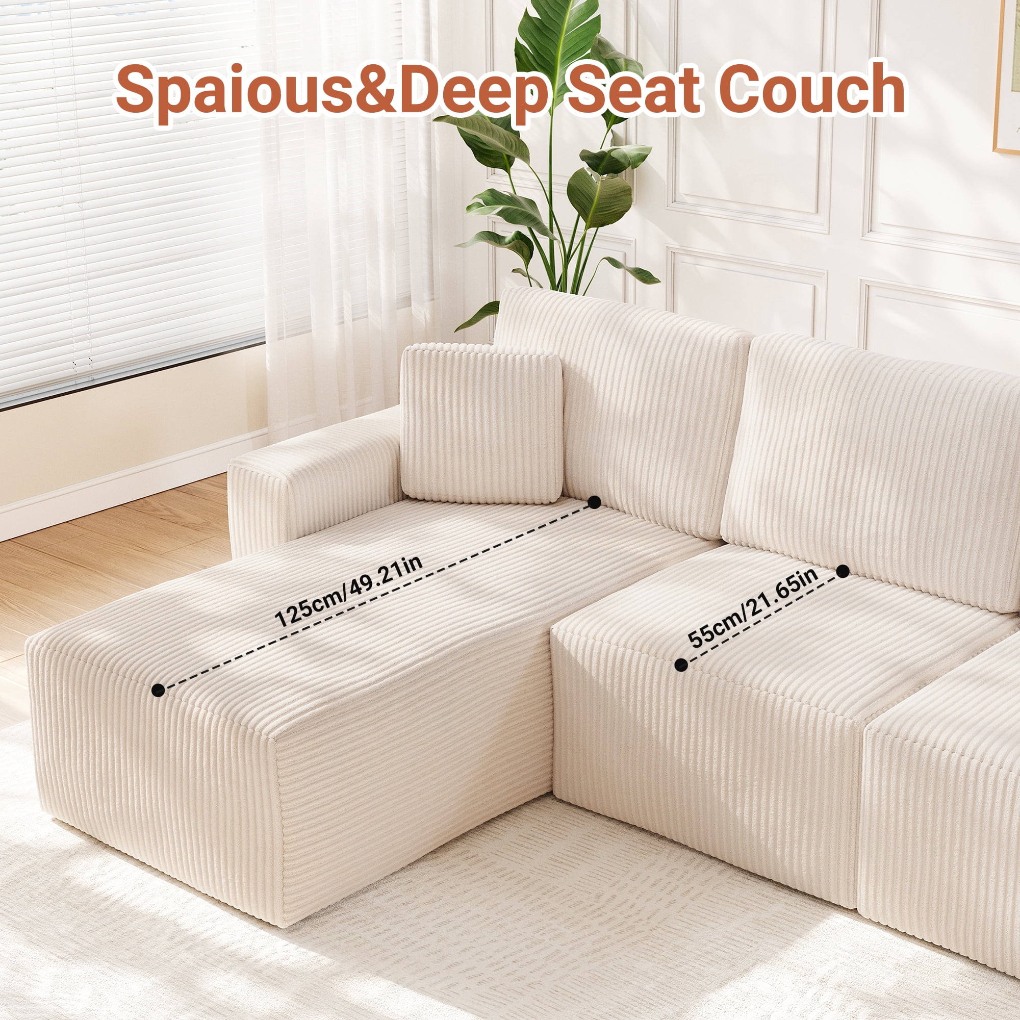 Solid Wood Frame Corduroy Sofa Couch, Neche 100" Sectional for Living Room, L-Shaped, Beige