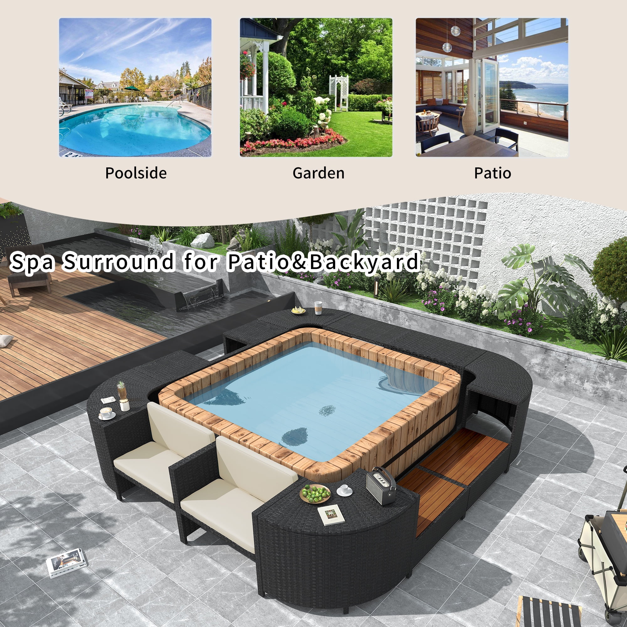Hot Tub Outdoor Rattan Furniture Set, Surround Outdoor Spa Sectional Sofa Frame, Loveseat with Beige Cushions, Wooden Bench, Storage Cabinet, Large Top Space