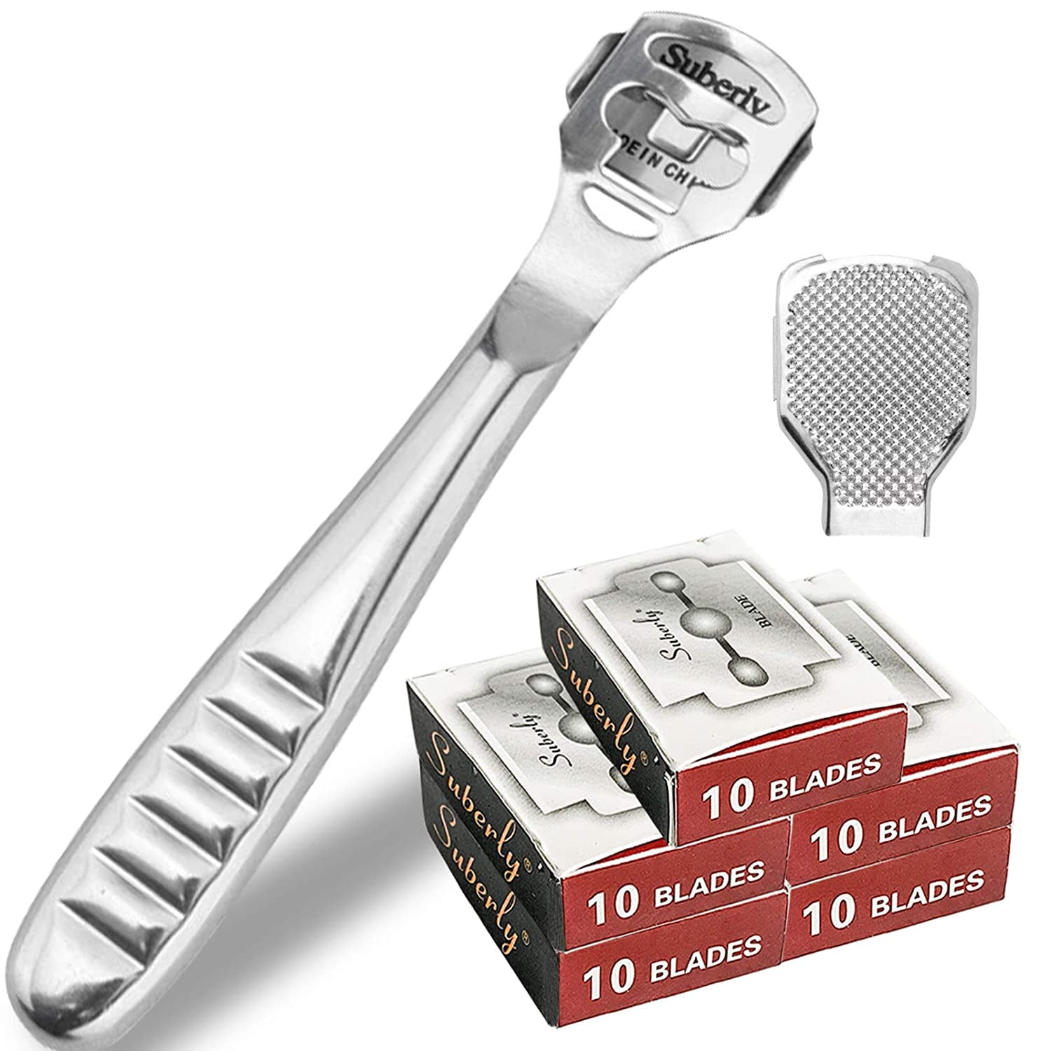 52 Pcs Callus Shaver Set 1 Stainless Steel Foot Razor with 50 Replacement Slices Blades and 1 Foot File Head Foot Care Tools Foot Shaver Callus Remover Hard Dry Skin Remover for Hand Feet