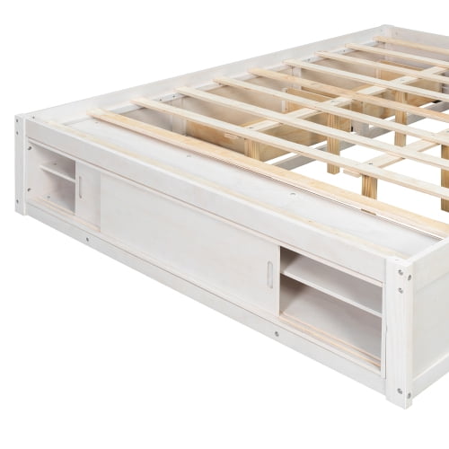 Queen Size Platform Bed Frame with 4 Storage Drawers and Footboard Storage Cubby, No Headboard Design Solid Wood Platform for Bedroom, White