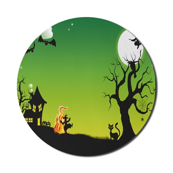 Halloween Mouse Pad for Computers, Witches Dancing Flying at October Western Horror Image Illustration, Round Non-Slip Thick Rubber Modern Gaming Mousepad, 8" Round, Black Green, by Ambesonne