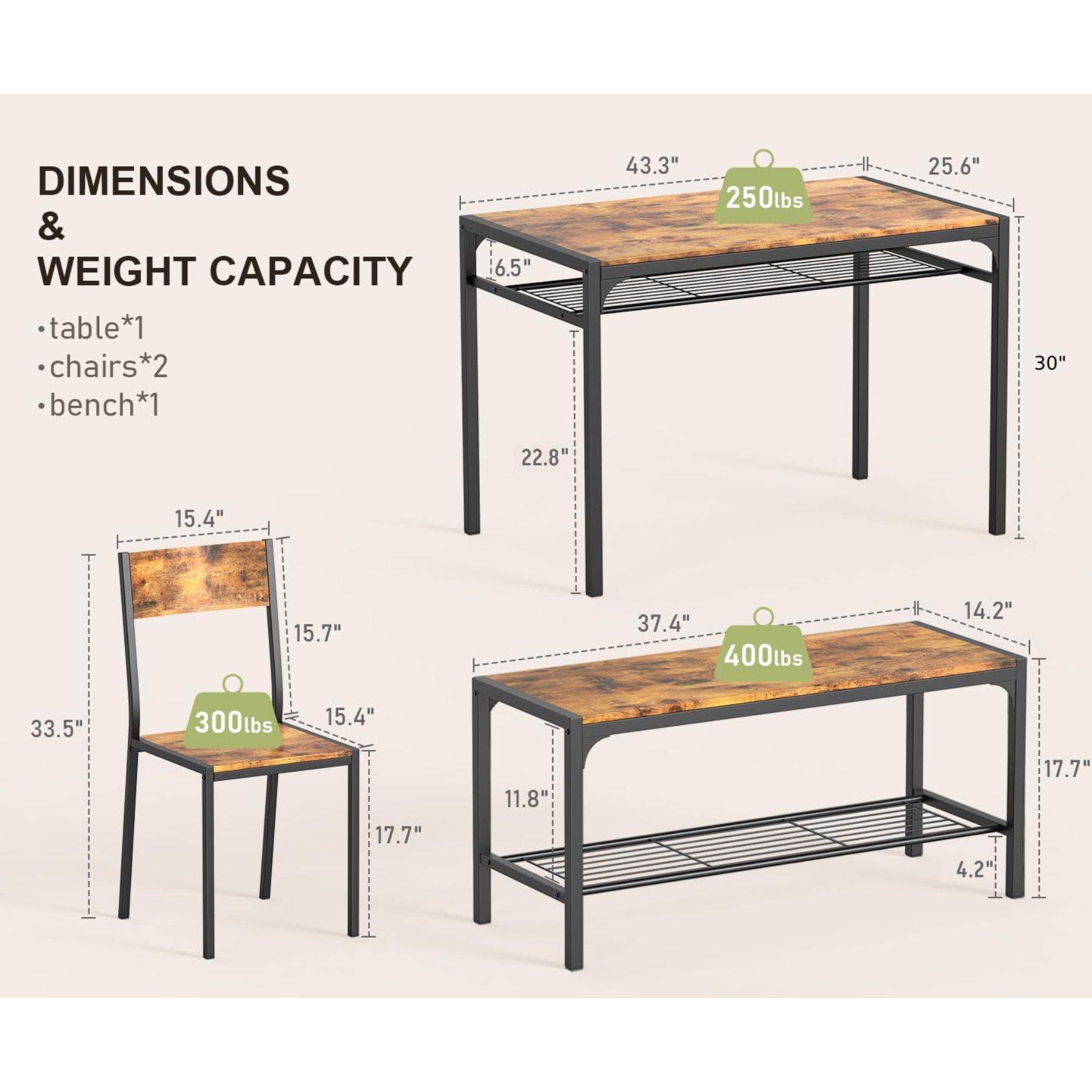 Lofka Kitchen Table Set for 4 with 1 Table & 2 Chairs & 1 Bench, Modern Small Dining Room Set for Small Spaces, Retro