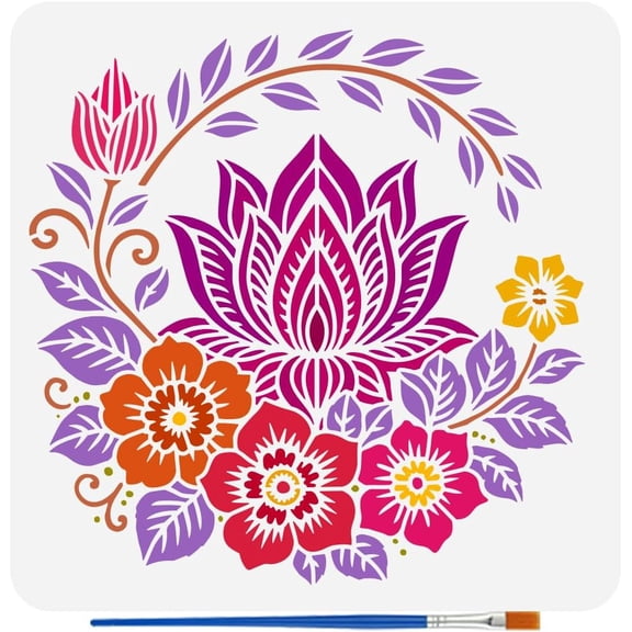 Mandala Lotus Painting Stencils with Brush 11.8x11.8inch Plastic PET Floral Pattern Drawing Template Hollowed Lotus Leaves Stencil Plant Theme Template