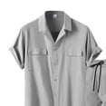 thumbnail image 4 of 100% Cotton Two Piece Sets for Men Summer Vacation Beach Set Casual Short Sleeve Shirt and Drawstring Elastic Waist Shorts with Pockets Gray 2XL, 4 of 4