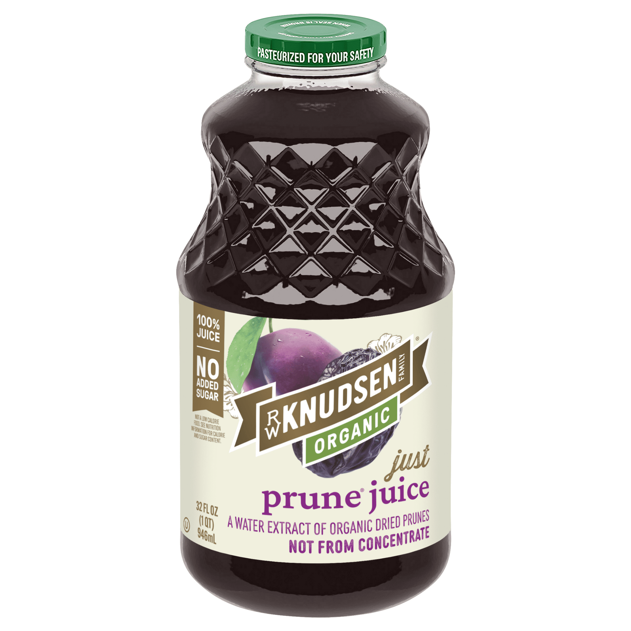(3 pack) R.W. Knudsen Family Organic Just Prune Juice, 100% Juice, 32 oz, Glass Bottle, Shelf-Stable