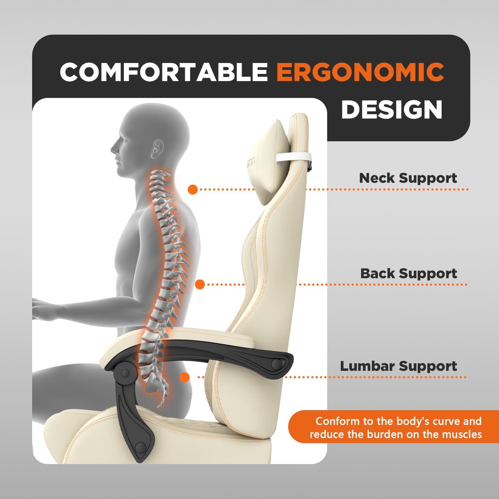 SOONTRANS Gaming Chair with Footrest, Computer Game Chair with Massage Lumbar Support & Headrest, High Back Vintage Office Game Chair for Adults, Beige