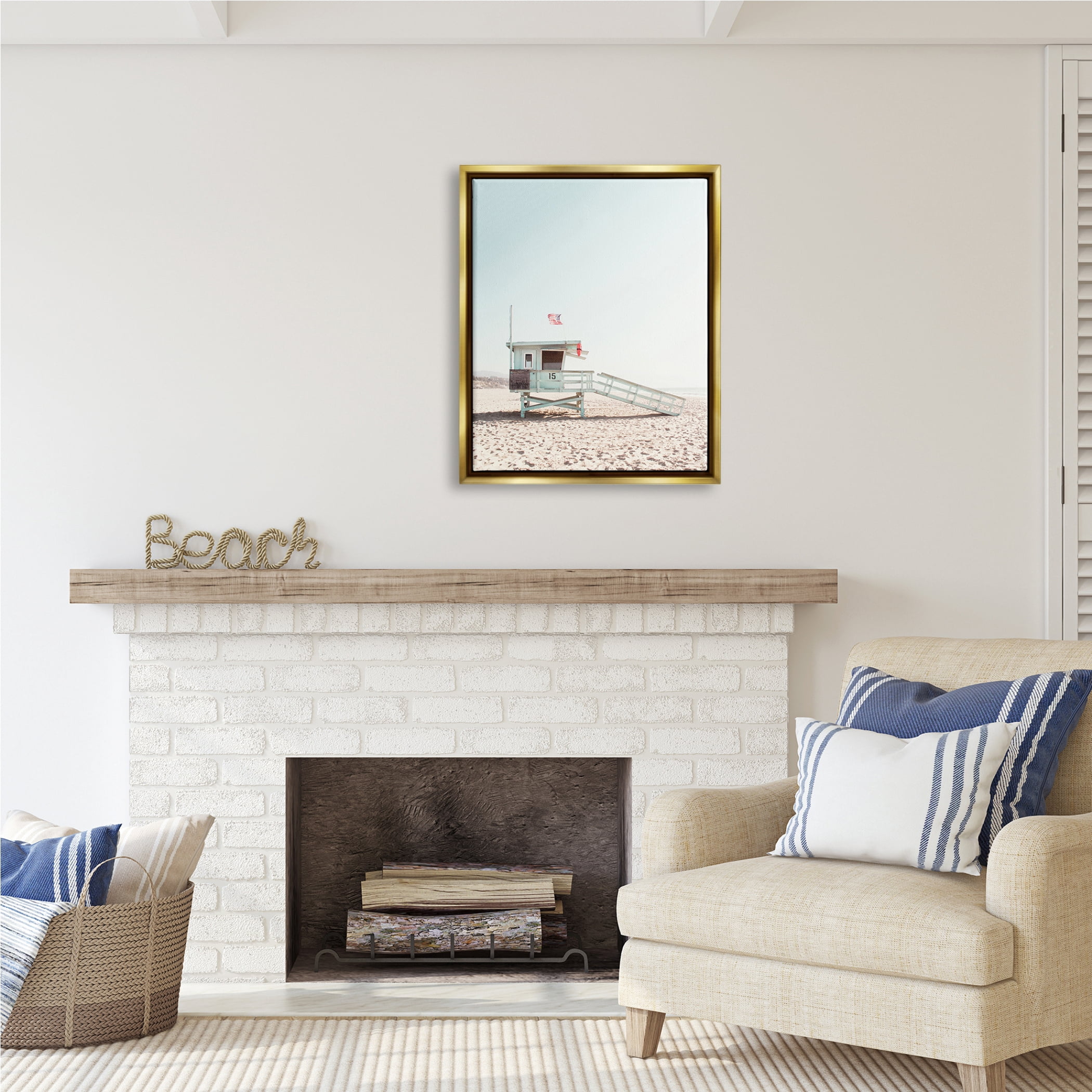 Stupell Industries Lifeguard Hut Photography Nature Photography Gold Floater Framed Art Print Wall Art, 25 x 31