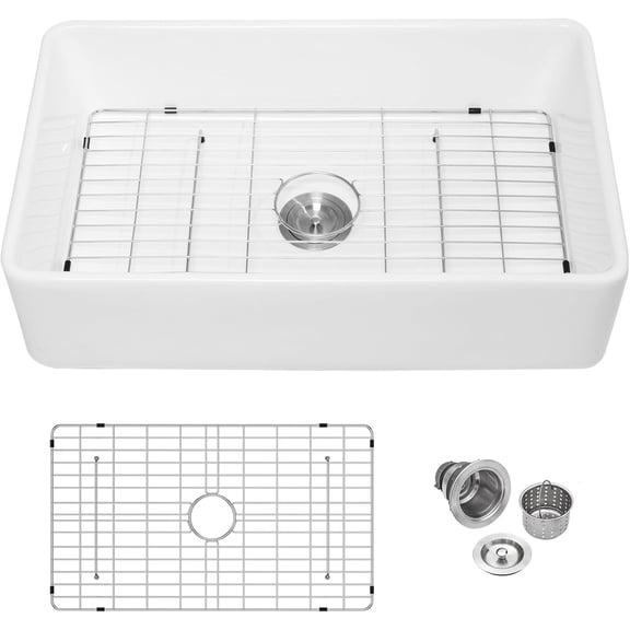 Logmey 33 Inch Farmhouse Apron Front Kitchen Sink 33 x 20 x 9 Inch Single Bowl Undermount White Fireclay Ceramic Farm Sink for Countryside Classic Style