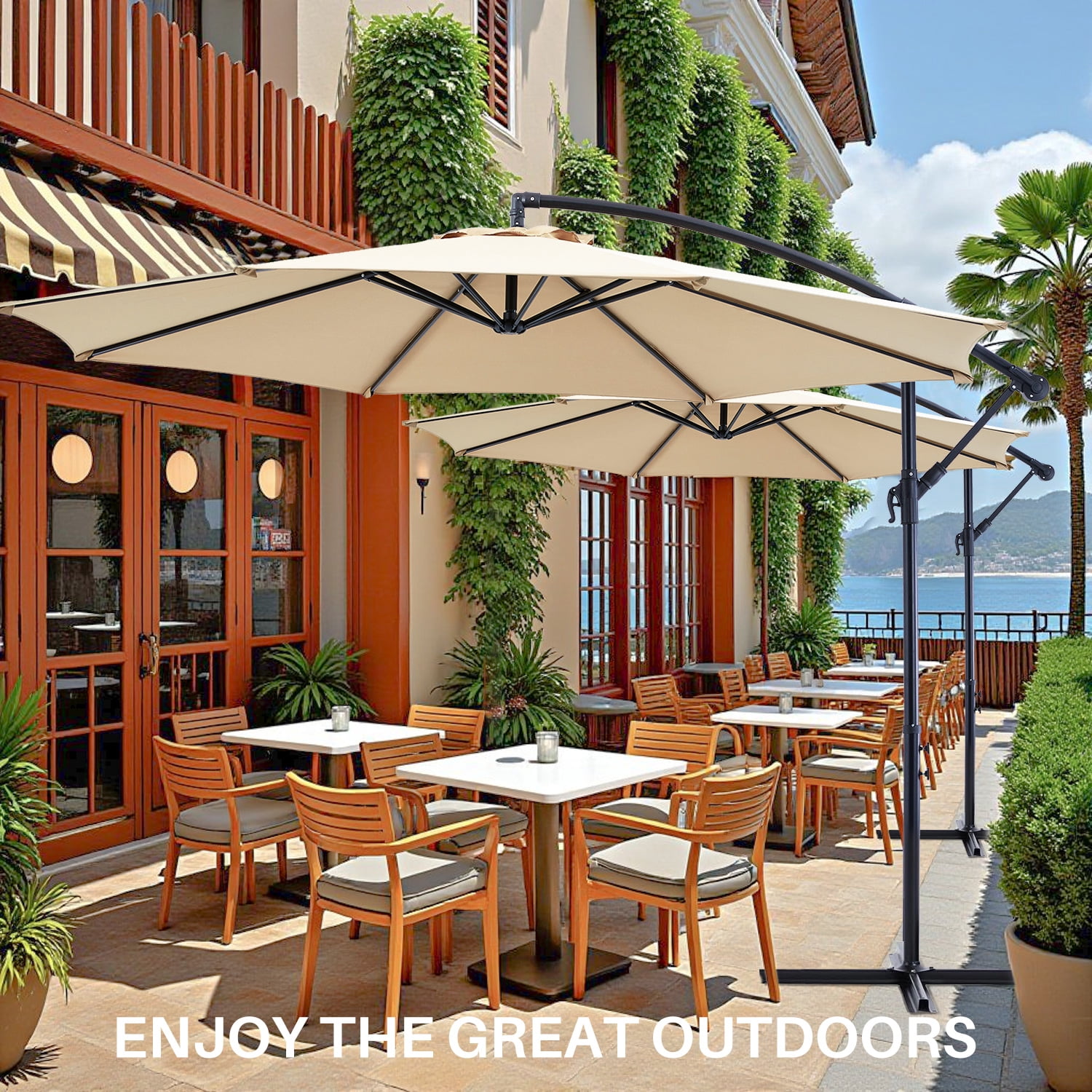 Blorly 10FT Offset Patio Umbrella, Hanging Cantilever Umbrella with Easy Tilt Adjustment, 8 Ribs, UV Protection, Khaki