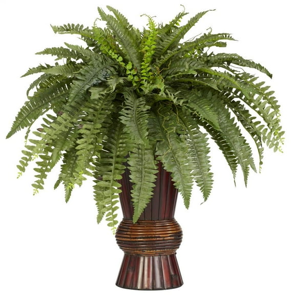 Nearly Natural 33" Boston Fern Artificial Plant with Bamboo Vase, Green
