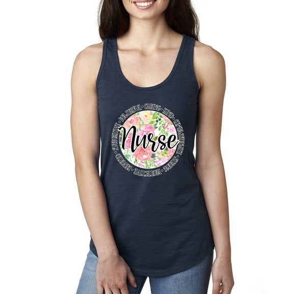 Floral Nurse Appreciation Pop Culture Ladies Racerback Tank Top, Navy, X-Large