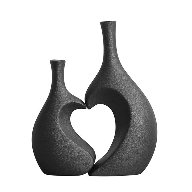 Juego de Jarrón de Cerámica, Maceta, Soporte para Contenedor de Flores, Jarrón Decorativo en Forma de Corazón para Decoración Del Hogar, Estantería Negro