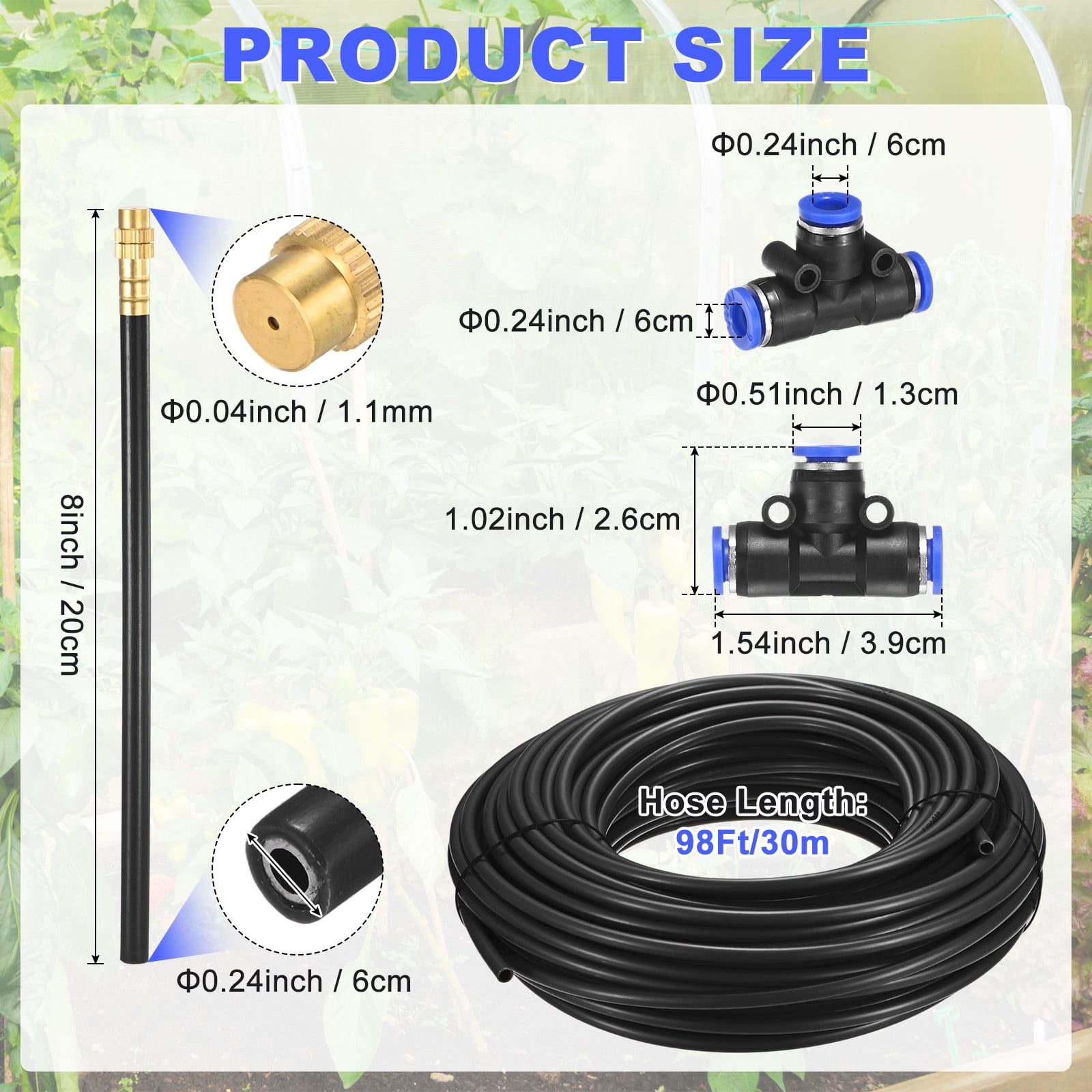 Uxcell 1-Set Drip Irrigation Systems, 98Ft 1/4" Hose Garden Watering Misting System with 16pcs 360° Adjustable Copper Nozzles