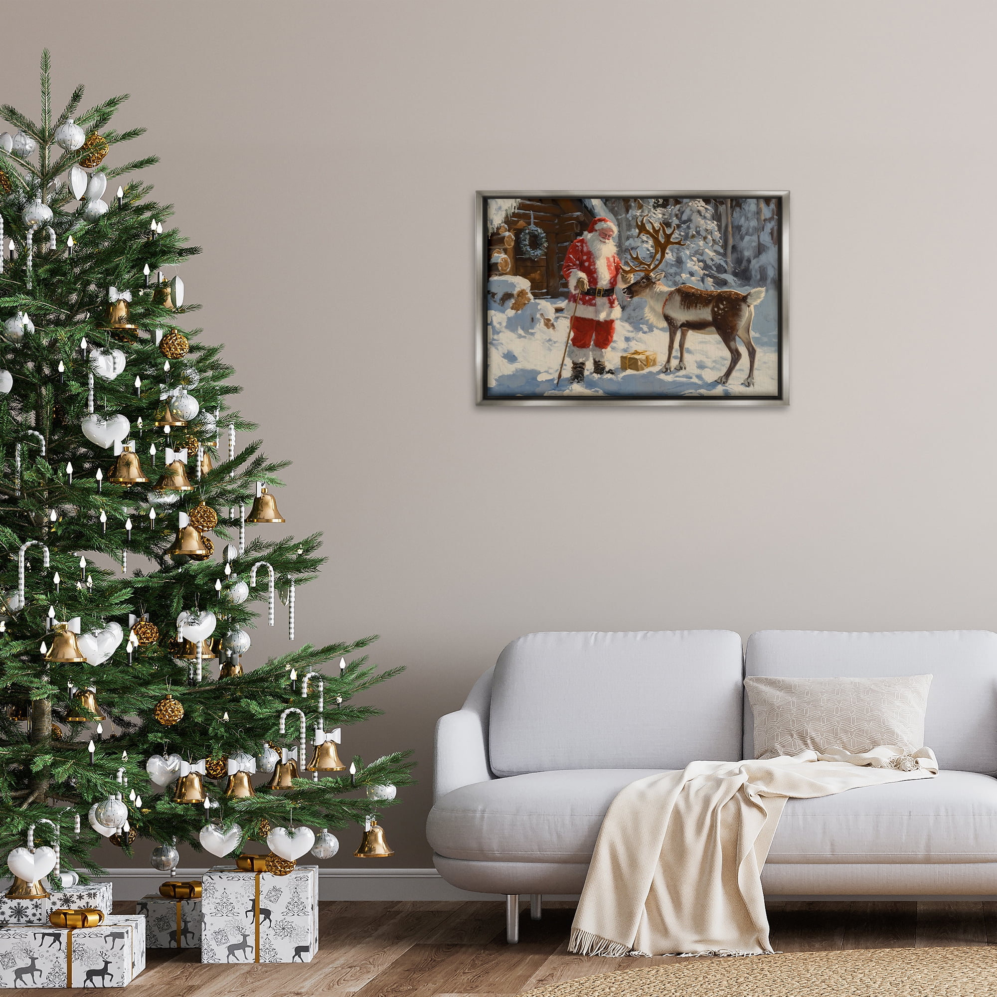 Stupell Industries Santa with Reindeer Scene Holiday Painting Gray Floater Framed Canvas Art Prints Wall Art, 31 x 21
