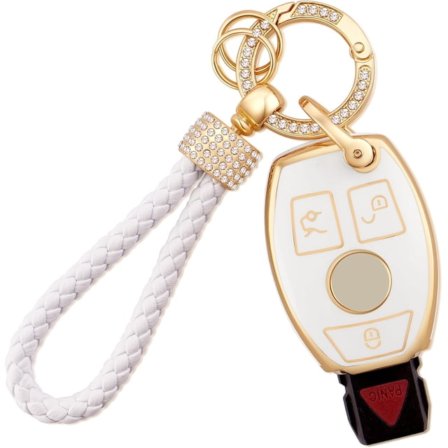 for Mercedes Key Fob Cover Soft TPU Key Case Protector Fit for Mercedes Benz 2017-2021 E-Class, 2018-2021 S-Class, 2019-2021 A-Class C-Class G-Class 4 Buttons with Bling Keychain,1,white