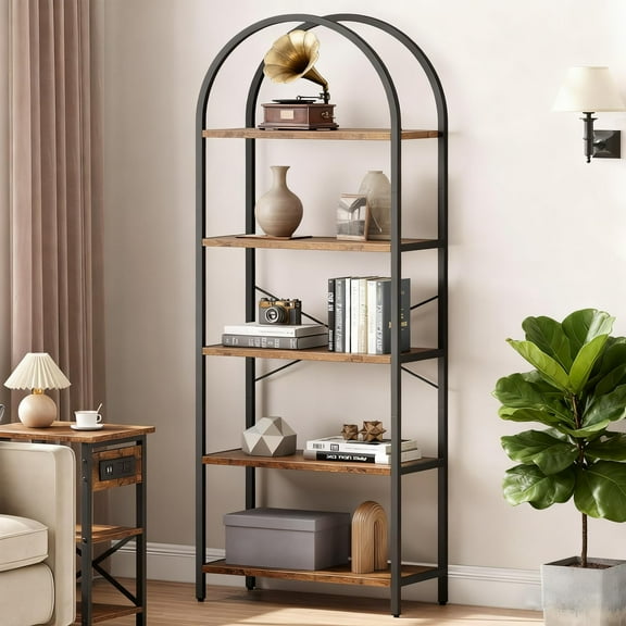 BouPower 72 Inch Tall Bookshelf, Arched Bookshelf 4/5 Tier Bookcase, Industrial Open Book Shelves for Living Room, Modern Freestanding Display Shelving Unit Storage Rack with Metal Frame for Bedroom