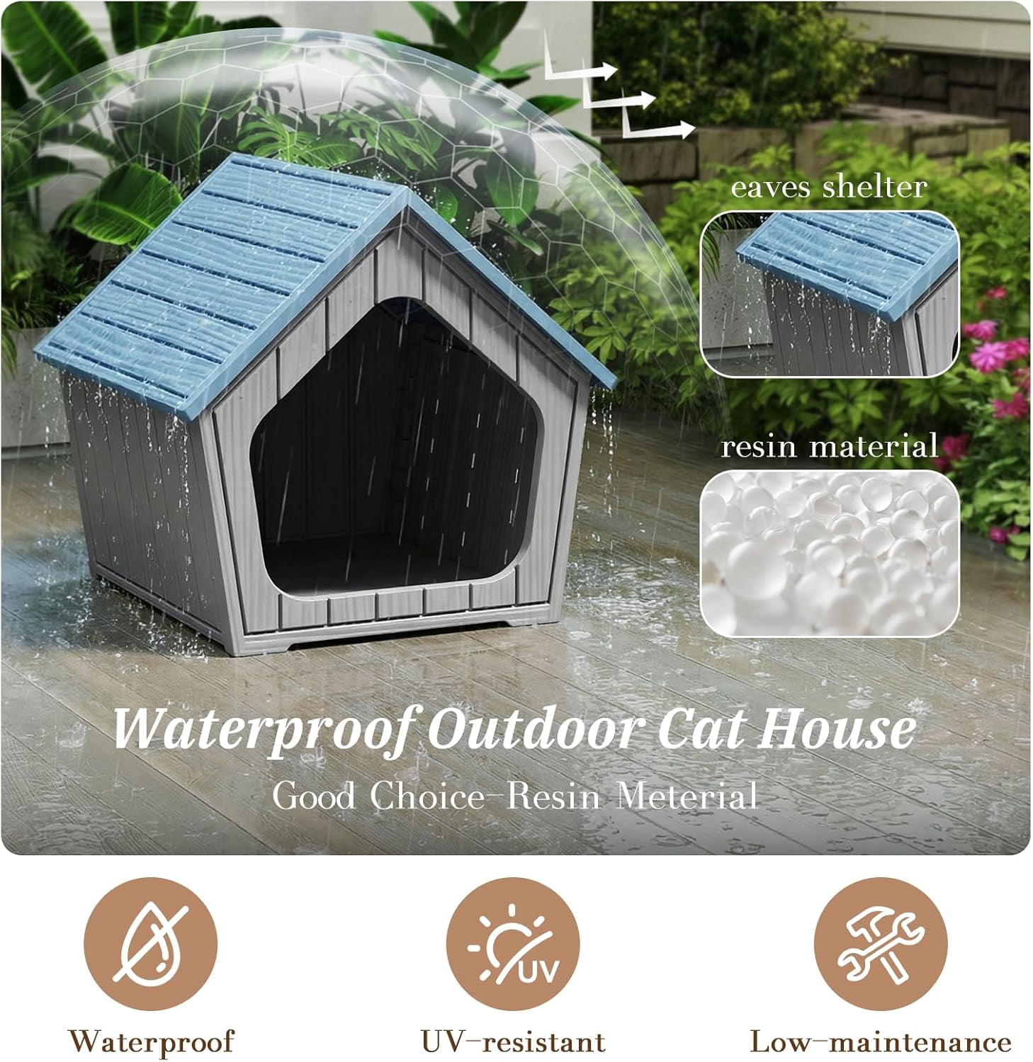 GMNIUOutdoor Cat House for Outside Indoor Use, Weatherproof Resin Outdoor Cat Shelter for Small, Medium, Large Cats, Easy Assembly(Blue)