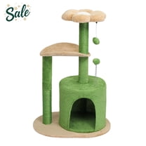 IVV 31.5" Multi-Level Cat Tree with Condo, Curved Perch & Flower-Shaped Padded Top Bed – Cat Tower with Scratching Posts, Plush Pom-Pom & Dangling Ball for Indoor Cats and Kittens, Green & Beige
