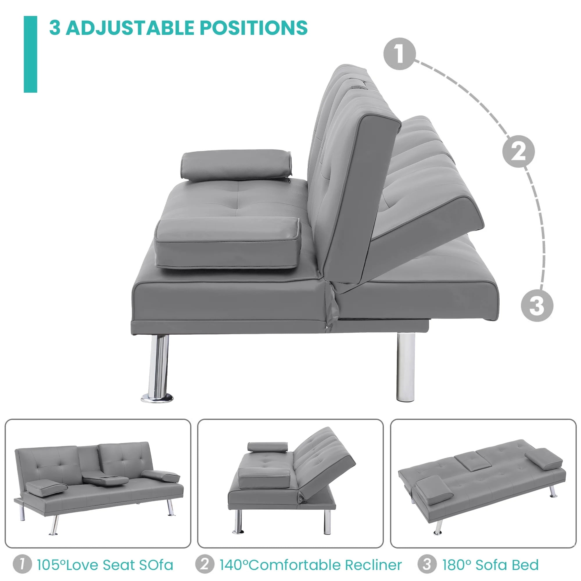 Aukfa Leather Futon Convertible Sofa Bed with 2 Cupholder&Pillow for Home Office Twin Size, Gray