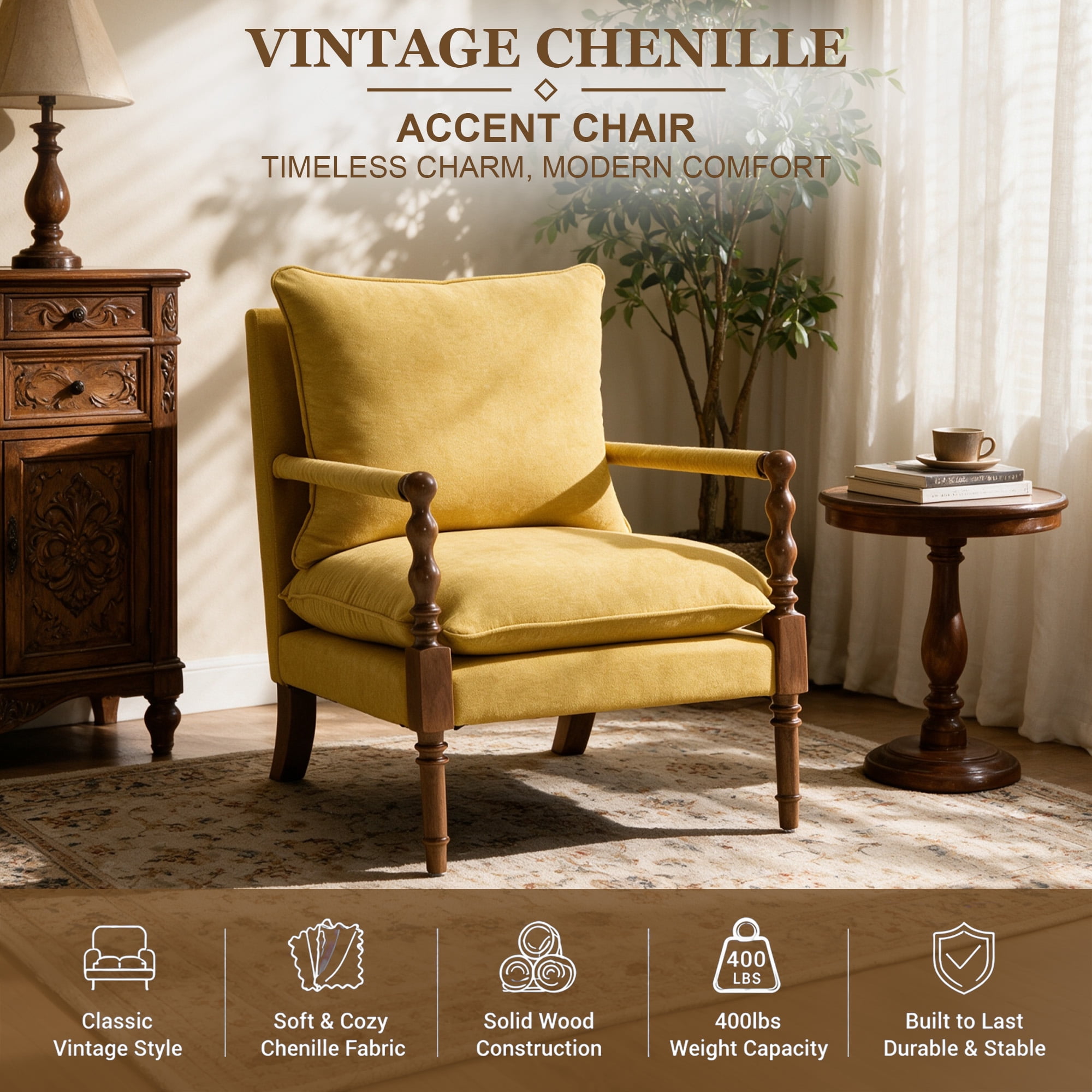 Mid-Century Modern Spindle Armchair,Linen Accent Chair with Cushion & Wood Frame for Living Room Bedroom Office,Yellow