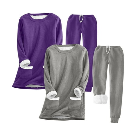 qolati 2 Pack Women Warm Pajama Set Fleece Lined Long Sleeve Crewneck Sweatshirt Pullover Thicken High Waist Jogger Pants Loungewear Fall Winter Outfits Gray XXXL