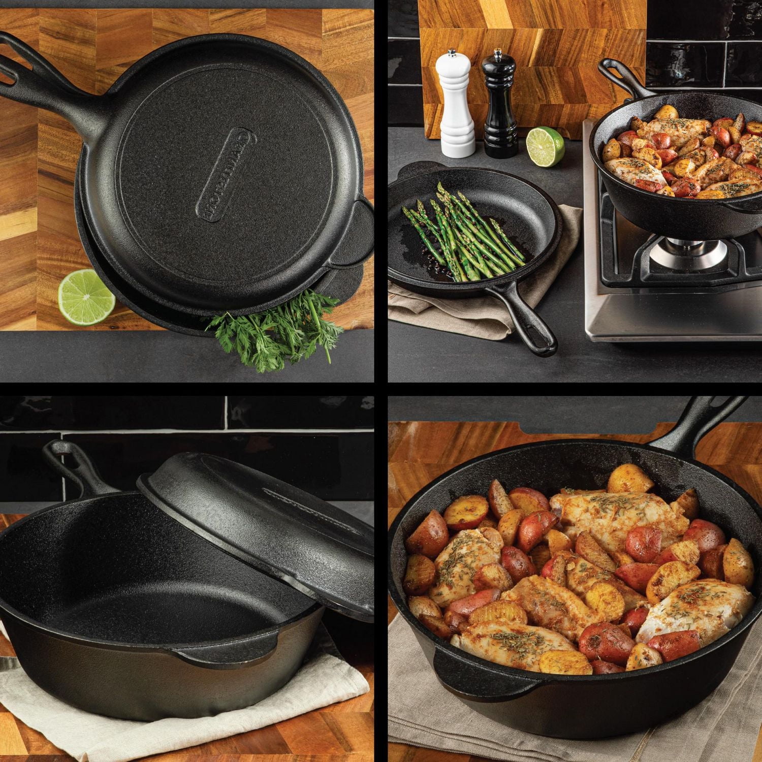 Granitestone Cast Iron 2-in-1 Cooker Set – Heavy Duty Pre-Seasoned 3 Qt Pan with 10” Skillet Lid