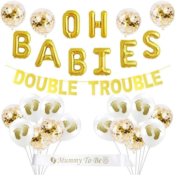 Ensemble de Décorations pour Baby Shower de Jumeaux Thème Or, Bannière Double Trouble, Ballons OH Bébés, Ceinture de Future Maman pour Fournitures de Fête pour Bébés