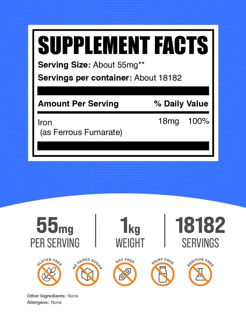 BulkSupplements Ferrous Fumarate Powder - 55mg per Serving - 1 Kilogram (2.2 lbs) - 18182 Servings