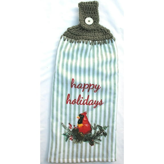 HAPPY HOLIDAYS RED CARDINAL IN THE PINE BRANCHES - LARGE DOUBLE THICK CROCHET TOP HANGING KITCHEN TOWEL