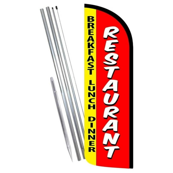 Restaurant Windless Flag Kit - 3x11.5 ft Banner Flag - Breakfast Lunch Dinner - Fiberglass Pole & Ground Stake A481