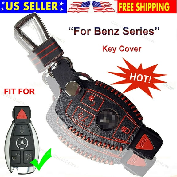 Dobrev Genuine Leather Cover Case Fob Remote Protector KeyChain Skin Holder Keyless Entry for Mercedes Benz C E S G M R SL Class Smart Key red
