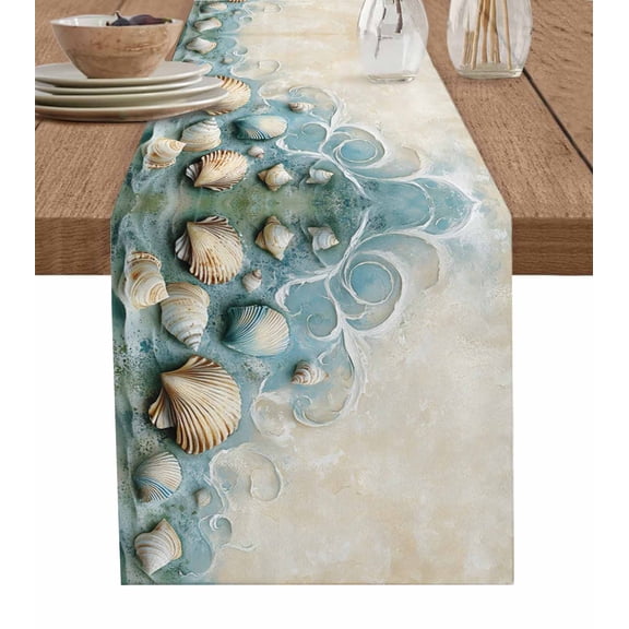 Coastal Shell Table Runner 48 Inches, Summer Beach Nautical Seaside Bed Runner Dresser Scarves Tabletop for Indoor Outdoor Parties/Ceremony/Banquet, 13" x 48"