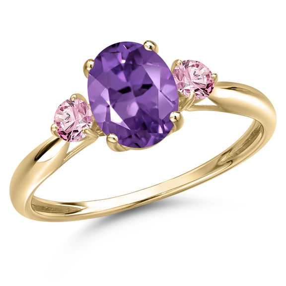 Gem Stone King 10K Yellow Gold Purple Amethyst and Pink Lab Grown Diamond 3-Stone Ring for Women | 1.41 Cttw | Oval 8X6MM | Gemstone February Birthstone | Size 7