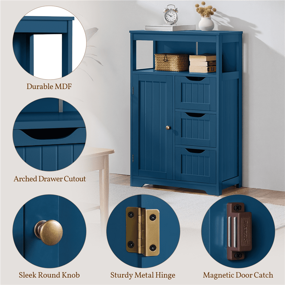 Yaheetech Wooden Floor Cabinet w/ Multi-Tiers & 3 Drawers, Navy Blue