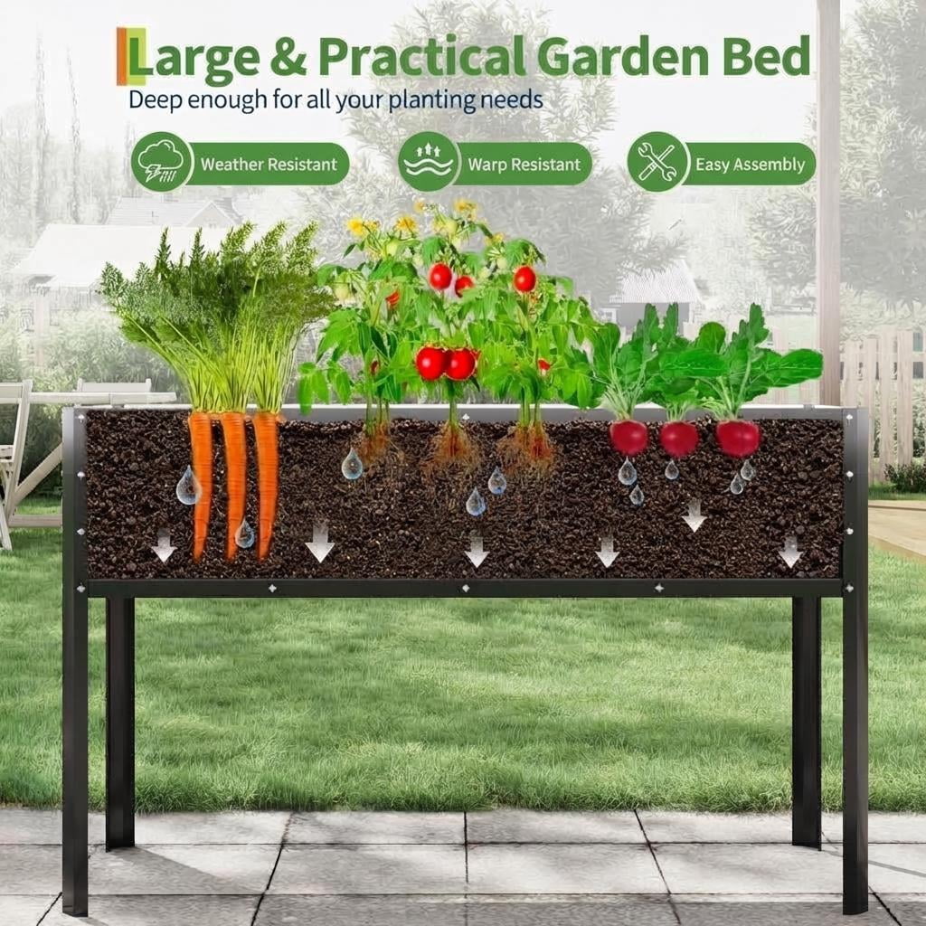 32" Tall Self-Watering Raised Garden Bed with Legs, Heavy Duty Galvanized Steel Planter, Modular Ergonomic Design for Patio Backyard, Black