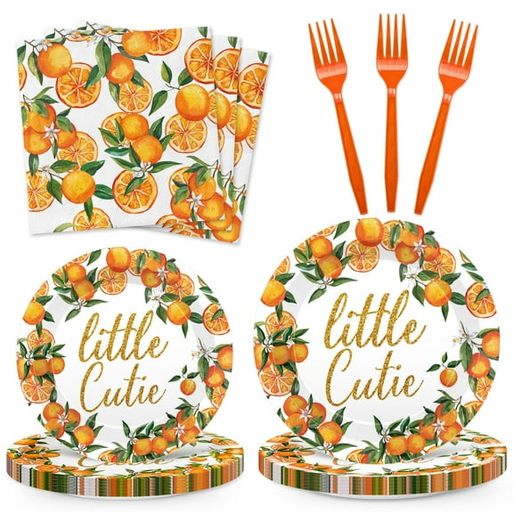 JarThenaAMCS Little Cutie Orange Party Supplies AFN1Kit Serves 25 Watercolor Tangerine 9 & 7 Inch Paper Plates Napkins Forks for Fruit Theme Baby Shower Birthday, 100Pcs