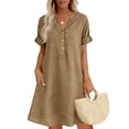 thumbnail image 3 of 2026 Summer Womens Plus Size Dress Cotton Linen V-Neck Pockets Solid Half Sleeve Knee-Length Dress, 3 of 7